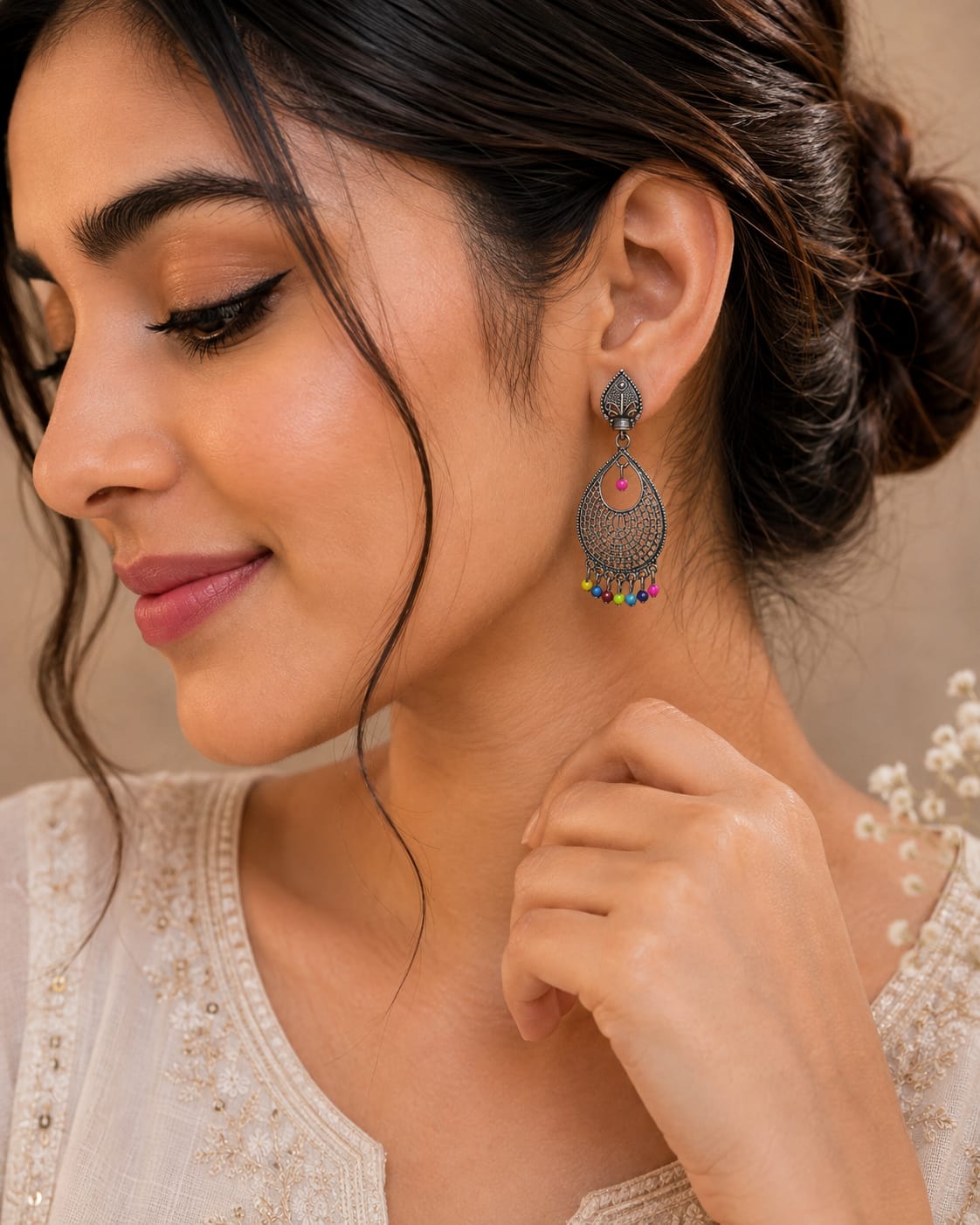 Antique Oxidised Pearl Mini Jhumka Earrings